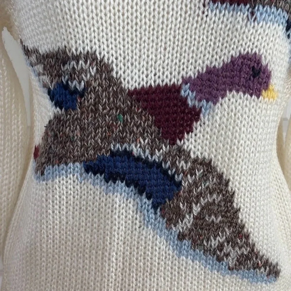 VTG 80s Women's Mallard Duck Boat Neck Sweater Cable Knit Sz M Ivory Pullover - Picture 3 of 10